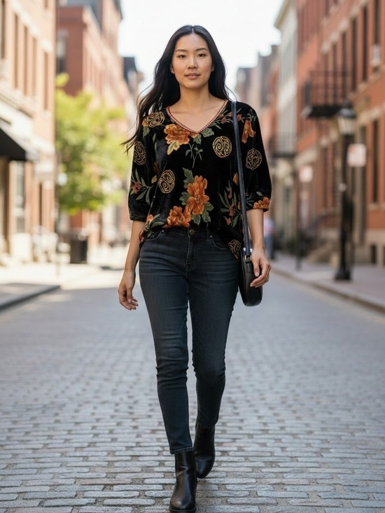 Zhen Cai Tops - Zhen Cai Silk Velvet Burnout Floral Tunic Top Sz L Beaded Boho Artsy 3/4 Sleeves